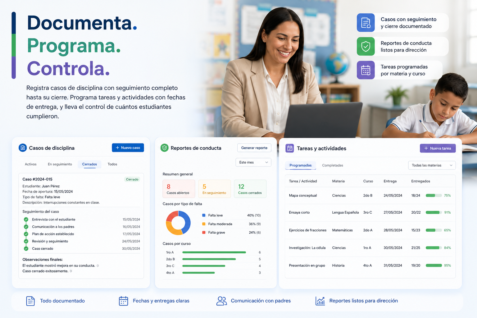 Docente gestionando disciplina y tareas